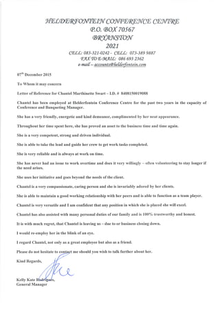 Chantel Swart Reference Letter Helderfontein
