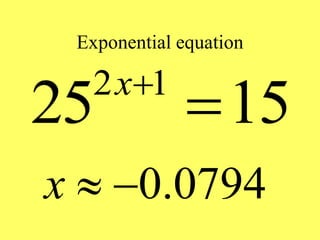 Exponential equation
2 1
25 15
x

0.0794
x  
 