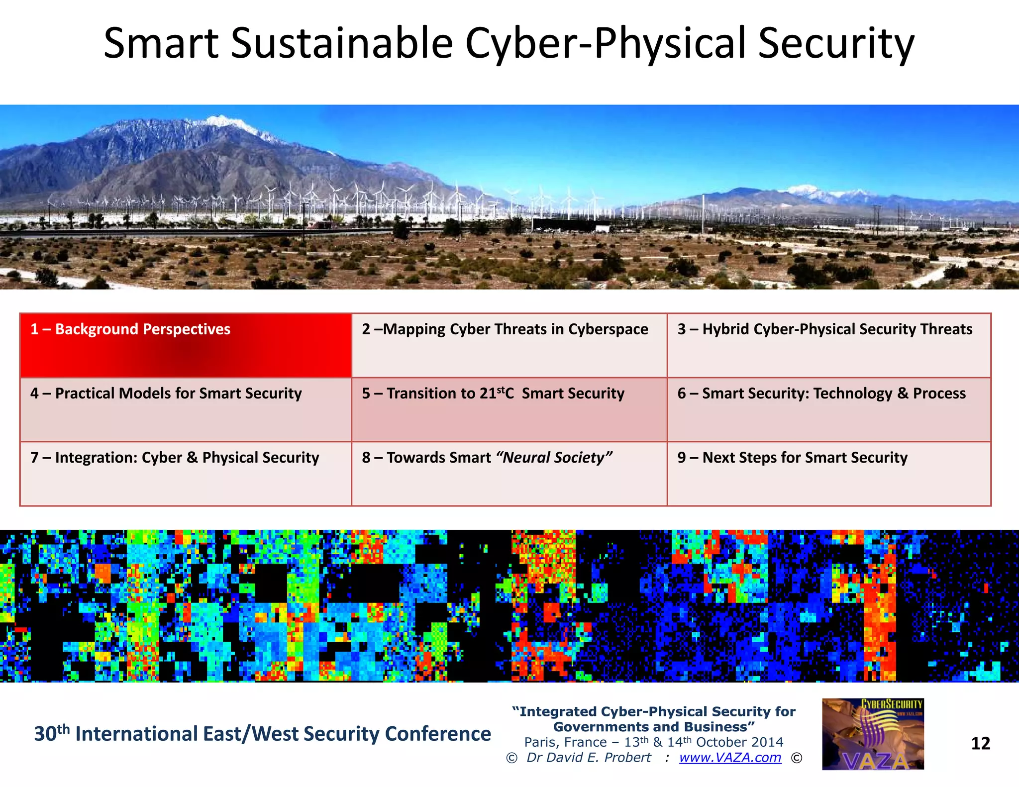 Smart Sustainable CyberSmart Sustainable Cyber--Physical SecurityPhysical Security
11 –– Background PerspectivesBackground Perspectives 2 –Mapping Cyber Threats in Cyberspace 3 – Hybrid Cyber-Physical Security Threats
4 – Practical Models for Smart Security 5 – Transition to 21stC Smart Security 6 – Smart Security: Technology & Process
12
“Integrated Cyber“Integrated Cyber--Physical Security forPhysical Security for
Governments and Business”Governments and Business”
Paris, France – 13th & 14th October 2014
© Dr David E. Probert : www.VAZA.com ©
30th International East/West Security Conference
4 – Practical Models for Smart Security 5 – Transition to 21stC Smart Security 6 – Smart Security: Technology & Process
7 – Integration: Cyber & Physical Security 8 – Towards Smart “Neural Society” 9 – Next Steps for Smart Security
 