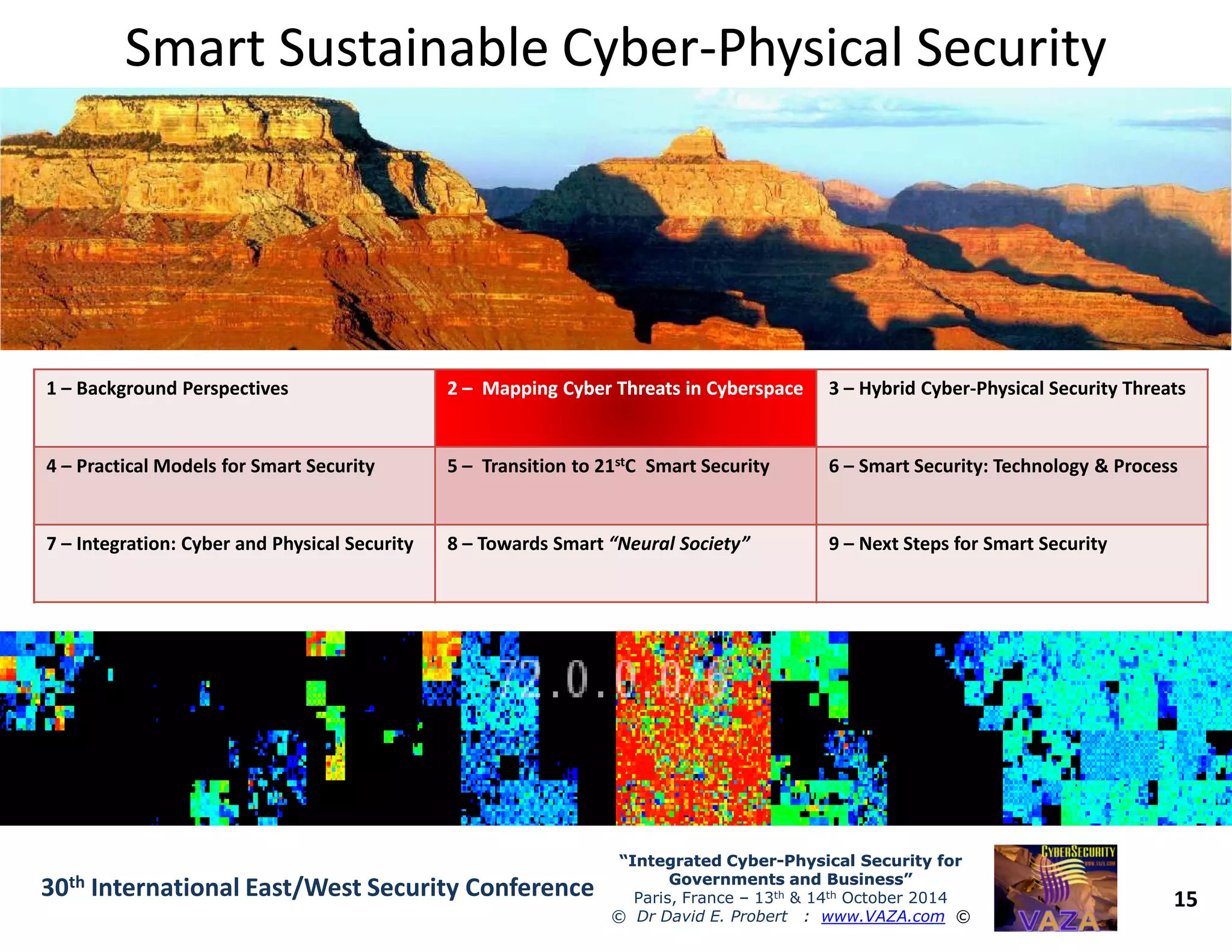 Smart Sustainable CyberSmart Sustainable Cyber--Physical SecurityPhysical Security
1 – Background Perspectives 22 –– MappingMapping Cyber Threats in CyberspaceCyber Threats in Cyberspace 3 – Hybrid Cyber-Physical Security Threats
4 – Practical Models for Smart Security 5 – Transition to 21stC Smart Security 6 – Smart Security: Technology & Process
15
“Integrated Cyber“Integrated Cyber--Physical Security forPhysical Security for
Governments and Business”Governments and Business”
Paris, France – 13th & 14th October 2014
© Dr David E. Probert : www.VAZA.com ©
30th International East/West Security Conference
4 – Practical Models for Smart Security 5 – Transition to 21 C Smart Security 6 – Smart Security: Technology & Process
7 – Integration: Cyber and Physical Security 8 – Towards Smart “Neural Society” 9 – Next Steps for Smart Security
 