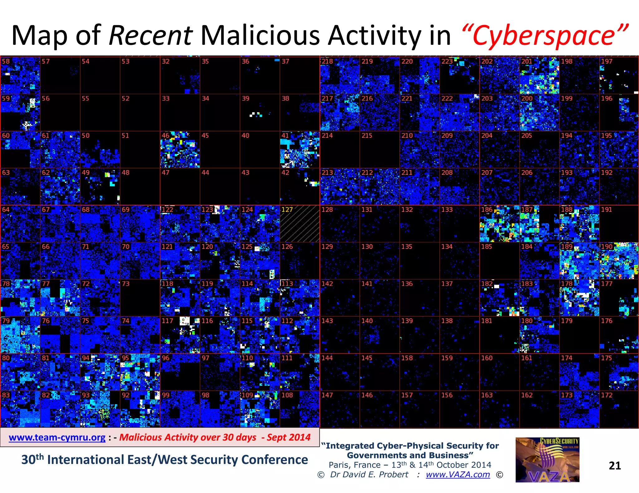Map ofMap of RecentRecent Malicious Activity inMalicious Activity in “Cyberspace”“Cyberspace”
21
“Integrated Cyber“Integrated Cyber--Physical Security forPhysical Security for
Governments and Business”Governments and Business”
Paris, France – 13th & 14th October 2014
© Dr David E. Probert : www.VAZA.com ©
30th International East/West Security Conference
www.team-cymru.org : - Malicious Activity over 30 daysMalicious Activity over 30 days -- Sept 2014Sept 2014
 