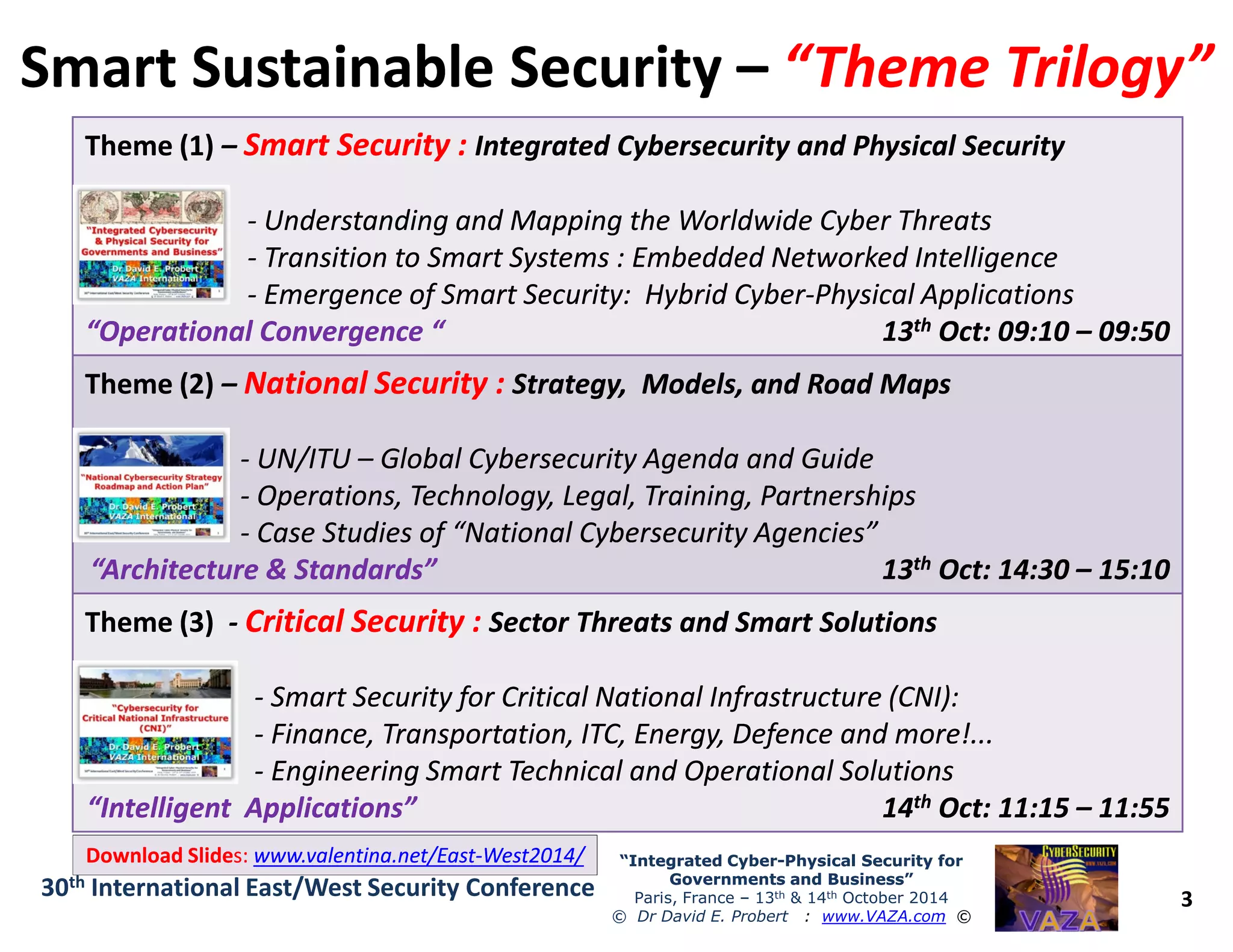 Smart Sustainable SecuritySmart Sustainable Security –– “Theme Trilogy”“Theme Trilogy”
Theme (1)Theme (1) –– SmartSmart Security :Security : Integrated Cybersecurity and Physical SecurityIntegrated Cybersecurity and Physical Security
-- Understanding and Mapping the Worldwide Cyber ThreatsUnderstanding and Mapping the Worldwide Cyber Threats
-- Transition to Smart Systems : Embedded Networked IntelligenceTransition to Smart Systems : Embedded Networked Intelligence
-- Emergence of Smart Security: Hybrid CyberEmergence of Smart Security: Hybrid Cyber--Physical ApplicationsPhysical Applications
“Operational“Operational ConvergenceConvergence ““ 1313thth Oct: 09:10Oct: 09:10 –– 09:5009:50
ThemeTheme (2)(2) –– National Security :National Security : Strategy, Models, and Road MapsStrategy, Models, and Road Maps
-- UN/ITUUN/ITU –– Global Cybersecurity Agenda and GuideGlobal Cybersecurity Agenda and Guide
-- Operations, Technology, Legal, Training, PartnershipsOperations, Technology, Legal, Training, Partnerships
3
“Integrated Cyber“Integrated Cyber--Physical Security forPhysical Security for
Governments and Business”Governments and Business”
Paris, France – 13th & 14th October 2014
© Dr David E. Probert : www.VAZA.com ©
30th International East/West Security Conference
-- UN/ITUUN/ITU –– Global Cybersecurity Agenda and GuideGlobal Cybersecurity Agenda and Guide
-- Operations, Technology, Legal, Training, PartnershipsOperations, Technology, Legal, Training, Partnerships
-- Case Studies of “National Cybersecurity Agencies”Case Studies of “National Cybersecurity Agencies”
“Architecture & Standards”“Architecture & Standards” 1313thth Oct: 14:30Oct: 14:30 –– 15:1015:10
Theme (3)Theme (3) -- Critical Security :Critical Security : Sector Threats and Smart SolutionsSector Threats and Smart Solutions
-- Smart Security for Critical National Infrastructure (CNI):Smart Security for Critical National Infrastructure (CNI):
-- Finance, Transportation, ITC, Energy, Defence and more!...Finance, Transportation, ITC, Energy, Defence and more!...
-- Engineering Smart Technical and Operational SolutionsEngineering Smart Technical and Operational Solutions
“Intelligent Applications”“Intelligent Applications” 1414thth Oct:Oct: 11:1511:15 –– 11:5511:55
Download SlideDownload Slides:s: www.valentina.net/Eastwww.valentina.net/East--West2014/West2014/
 