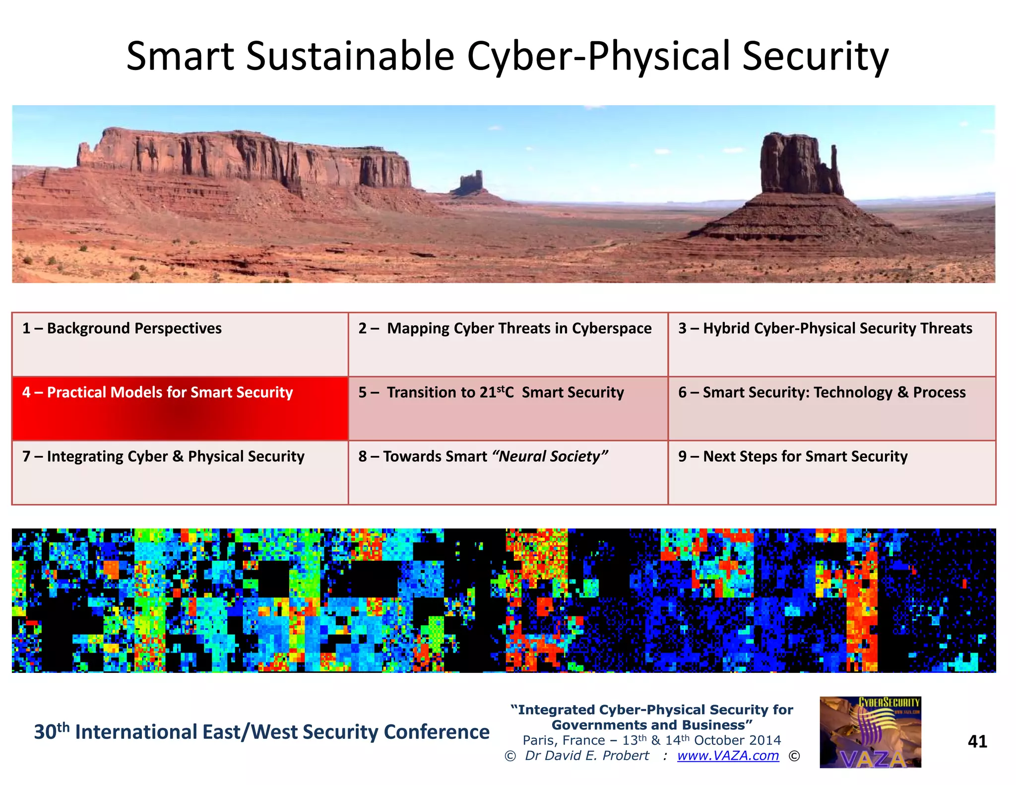 Smart Sustainable CyberSmart Sustainable Cyber--Physical SecurityPhysical Security
1 – Background Perspectives 2 – Mapping Cyber Threats in Cyberspace 3 – Hybrid Cyber-Physical Security Threats
44 –– PracticalPractical Models for Smart SecurityModels for Smart Security 5 – Transition to 21stC Smart Security 6 – Smart Security: Technology & Process
41
“Integrated Cyber“Integrated Cyber--Physical Security forPhysical Security for
Governments and Business”Governments and Business”
Paris, France – 13th & 14th October 2014
© Dr David E. Probert : www.VAZA.com ©
30th International East/West Security Conference
44 –– PracticalPractical Models for Smart SecurityModels for Smart Security 5 – Transition to 21stC Smart Security 6 – Smart Security: Technology & Process
7 – Integrating Cyber & Physical Security 8 – Towards Smart “Neural Society” 9 – Next Steps for Smart Security
 