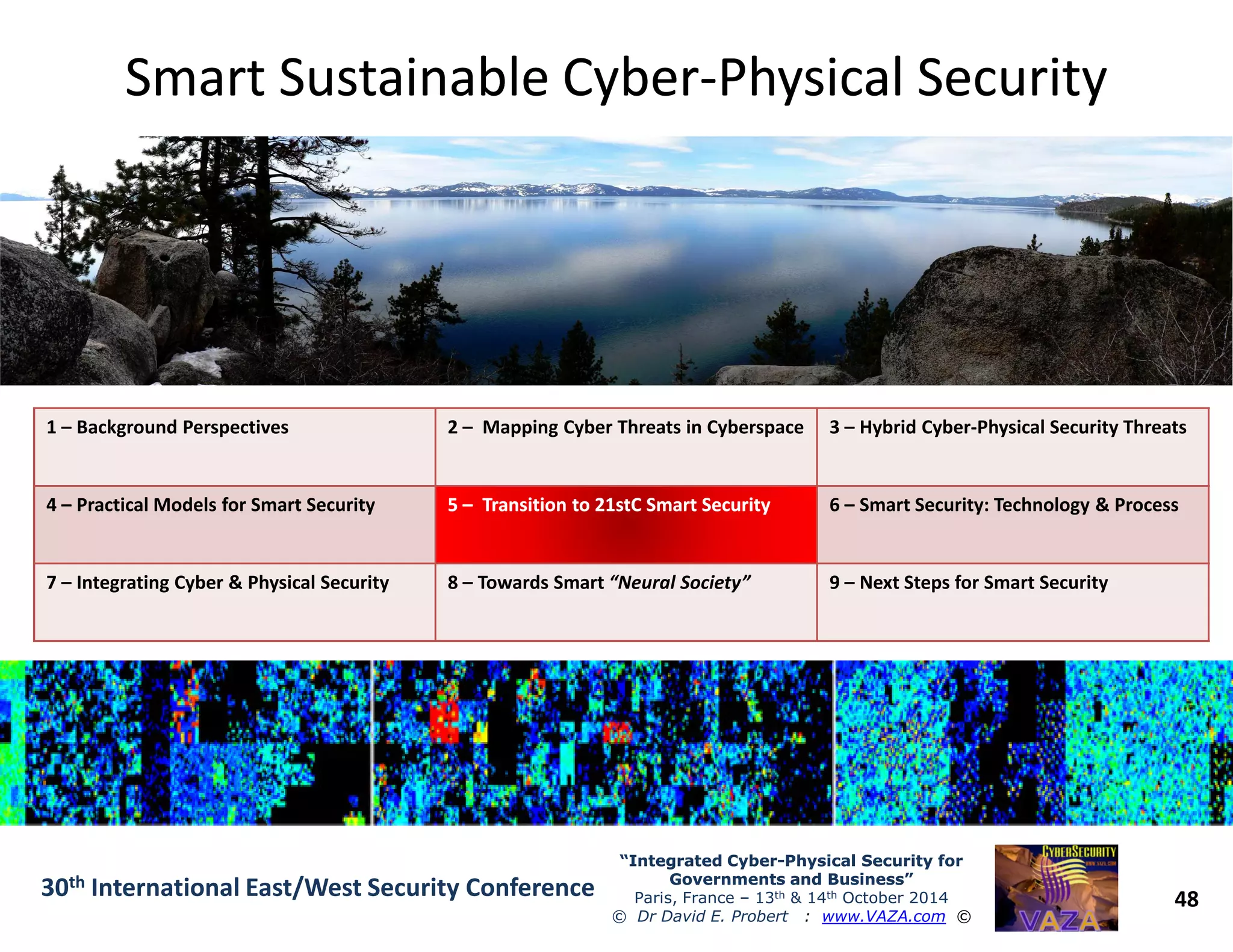 Smart Sustainable CyberSmart Sustainable Cyber--Physical SecurityPhysical Security
1 – Background Perspectives 2 – Mapping Cyber Threats in Cyberspace 3 – Hybrid Cyber-Physical Security Threats
48
“Integrated Cyber“Integrated Cyber--Physical Security forPhysical Security for
Governments and Business”Governments and Business”
Paris, France – 13th & 14th October 2014
© Dr David E. Probert : www.VAZA.com ©
30th International East/West Security Conference
4 – Practical Models for Smart Security 55 –– TransitionTransition to 21stC Smart Securityto 21stC Smart Security 6 – Smart Security: Technology & Process
7 – Integrating Cyber & Physical Security 8 – Towards Smart “Neural Society” 9 – Next Steps for Smart Security
 