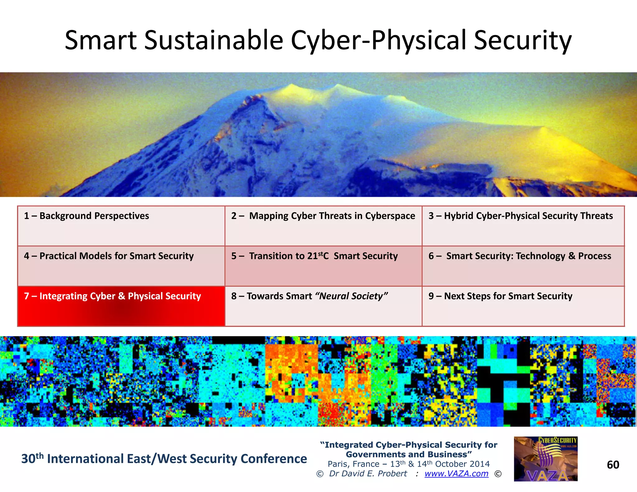 Smart Sustainable CyberSmart Sustainable Cyber--Physical SecurityPhysical Security
1 – Background Perspectives 2 – Mapping Cyber Threats in Cyberspace 3 – Hybrid Cyber-Physical Security Threats
60
“Integrated Cyber“Integrated Cyber--Physical Security forPhysical Security for
Governments and Business”Governments and Business”
Paris, France – 13th & 14th October 2014
© Dr David E. Probert : www.VAZA.com ©
30th International East/West Security Conference
4 – Practical Models for Smart Security 5 – Transition to 21stC Smart Security 6 – Smart Security: Technology & Process
77 –– IntegratingIntegrating Cyber & Physical SecurityCyber & Physical Security 8 – Towards Smart “Neural Society” 9 – Next Steps for Smart Security
 
