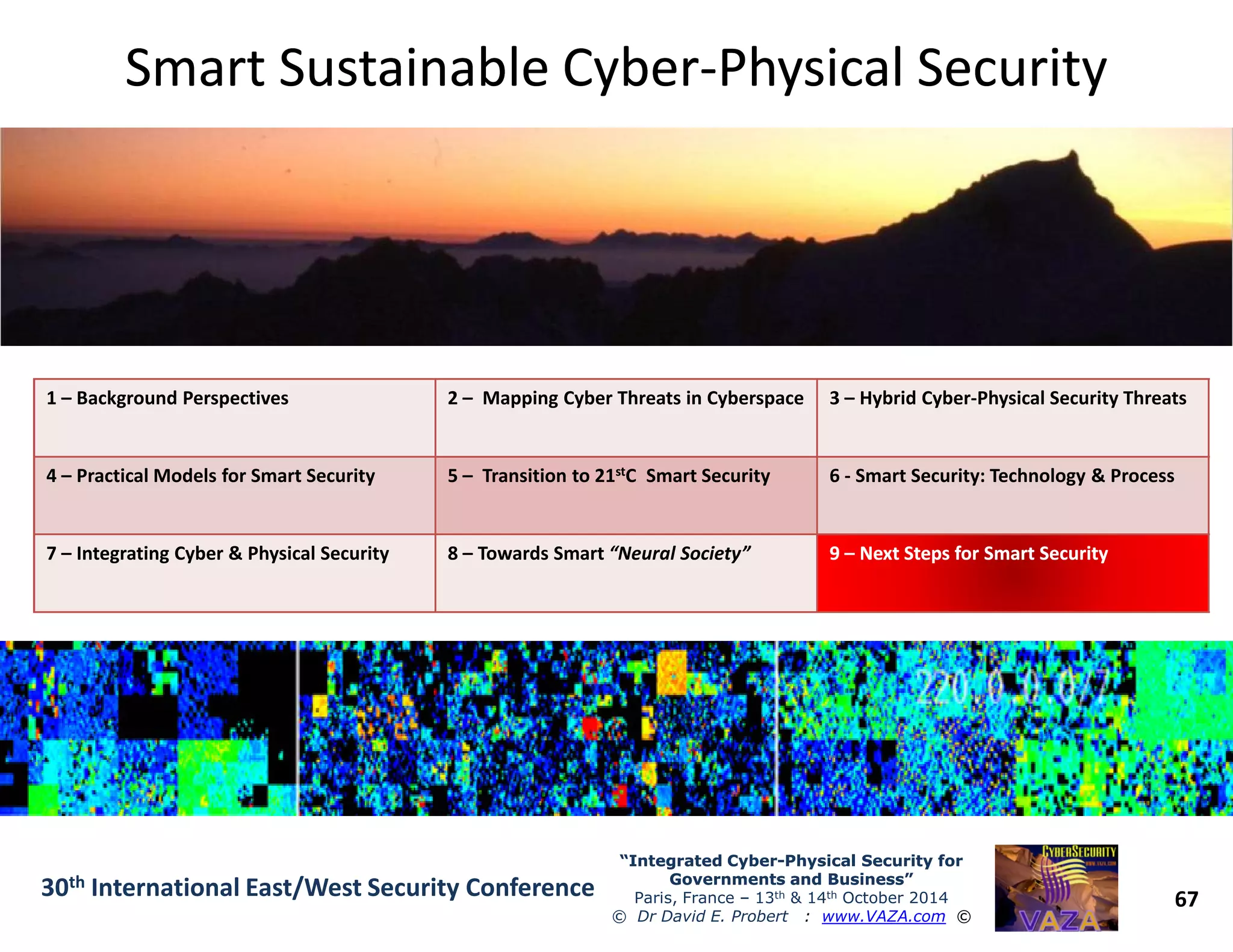 Smart Sustainable CyberSmart Sustainable Cyber--Physical SecurityPhysical Security
1 – Background Perspectives 2 – Mapping Cyber Threats in Cyberspace 3 – Hybrid Cyber-Physical Security Threats
4 – Practical Models for Smart Security 5 – Transition to 21stC Smart Security 6 - Smart Security: Technology & Process
67
“Integrated Cyber“Integrated Cyber--Physical Security forPhysical Security for
Governments and Business”Governments and Business”
Paris, France – 13th & 14th October 2014
© Dr David E. Probert : www.VAZA.com ©
30th International East/West Security Conference
4 – Practical Models for Smart Security 5 – Transition to 21stC Smart Security 6 - Smart Security: Technology & Process
7 – Integrating Cyber & Physical Security 8 – Towards Smart “Neural Society” 99 –– Next Steps for SmartNext Steps for Smart SecuritySecurity
 
