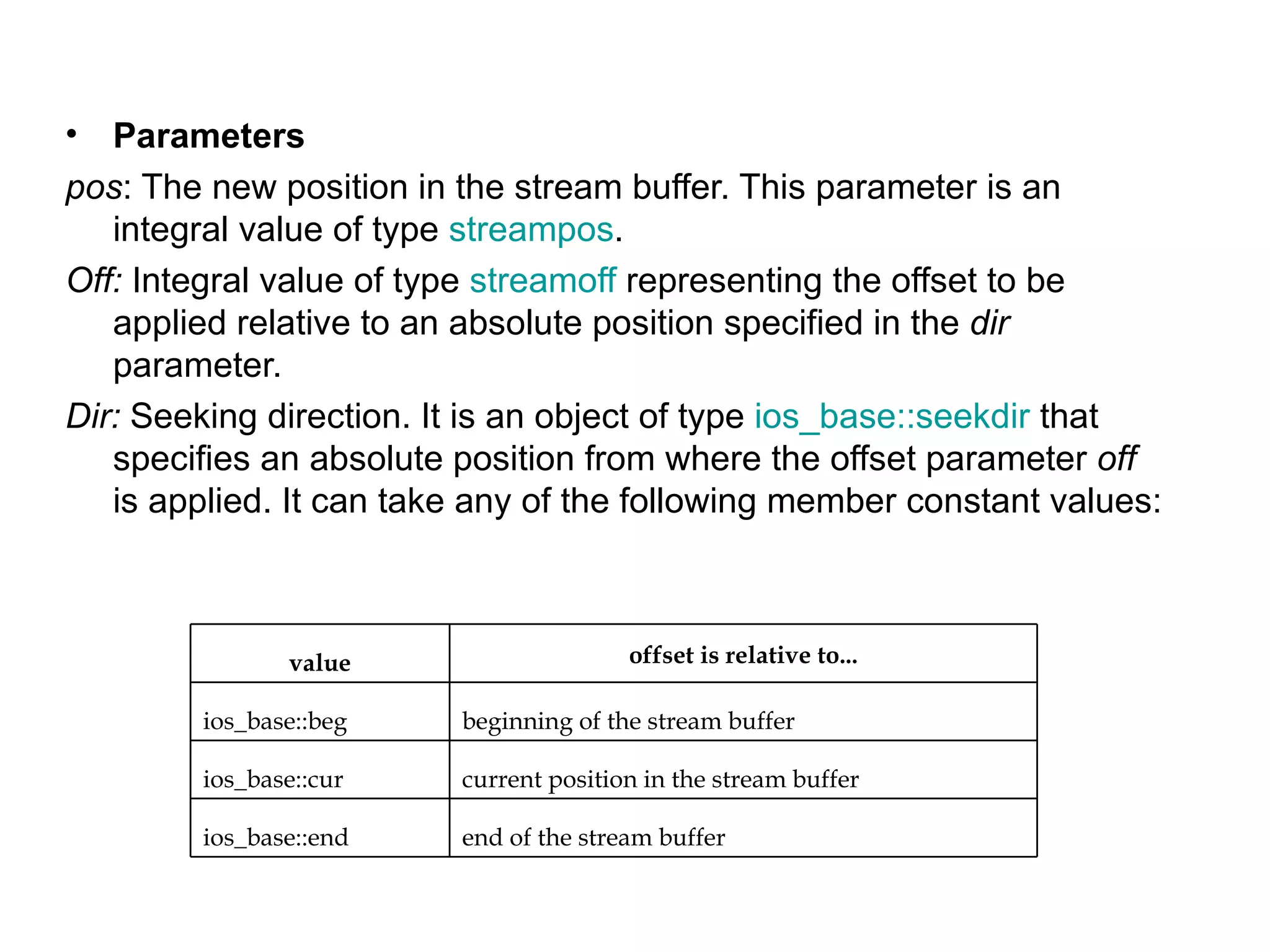 •  Parameters
pos: The new position in the stream buffer. This parameter is an
   integral value of type streampos.
Off: Integral value of type streamoff representing the offset to be
   applied relative to an absolute position specified in the dir
   parameter.
Dir: Seeking direction. It is an object of type ios_base::seekdir that
   specifies an absolute position from where the offset parameter off
   is applied. It can take any of the following member constant values:



               value                    offset is relative to...

        ios_base::beg    beginning of the stream buffer

        ios_base::cur    current position in the stream buffer

        ios_base::end    end of the stream buffer
 