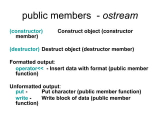 public members - ostream
(constructor)     Construct object (constructor
  member)

(destructor) Destruct object (destructor member)

Formatted output:
  operator<< - Insert data with format (public member
  function)

Unformatted output:
  put -     Put character (public member function)
  write -   Write block of data (public member
  function)
 