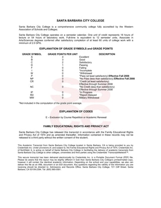 SANTA BARBARA CITY COLLEGE
Santa Barbara City College is a comprehensive community college fully accredited by the Western
Association of Schools and Colleges.
Santa Barbara City College operates on a semester calendar. One unit of credit represents 18 hours of
lecture or 54 hours of laboratory work. Full-time is equivalent to 12 semester units. Associate in
Arts/Sciences degrees conferred after satisfactory completion of at least 60 units of college work with a
minimum of 2.0 GPA.
EXPLANATION OF GRADE SYMBOLS and GRADE POINTS
GRADE SYMBOL GRADE POINTS PER UNIT DESCRIPTION
A 4 Excellent
B 3 Good
C 2 Satisfactory
D 1 Passing
F 0 Failing
I 0 *Incomplete
W 0 *Withdrawal
P 0 *Pass (at least satisfactory) Effective Fall 2008
NP 0 *No Pass (less than satisfactory) Effective Fall 2008
CR 0 *Credit (at least satisfactory)
Effective through Summer 2008
NC 0 *No Credit (less than satisfactory)
Effective through Summer 2008
IP 0 *In Progress
RD 0 *Report Delayed
MW 0 Military Withdrawal
*Not included in the computation of the grade point average.
EXPLANATION OF CODES
E – Exclusion by Course Repetition or Academic Renewal
FAMILY EDUCATIONAL RIGHTS AND PRIVACY ACT
Santa Barbara City College has released this transcript in accordance with the Family Educational Rights
and Privacy Act of 1974 and as amended thereafter. Information contained in these records may not be
released to a third party without the written consent of the student.
This Academic Transcript from Santa Barbara City College located in Santa Barbara, CA is being provided to you by
Credentials Inc. Under provisions of, and subject to, the Family Educational Rights and Privacy Act of 1974, Credentials Inc.
of Northfield, IL is acting on behalf of Santa Barbara City College in facilitating the delivery of academic transcripts from
Santa Barbara City College to other colleges, universities and third parties using the Credentials’ TranscriptsNetwork™.
This secure transcript has been delivered electronically by Credentials Inc. in a Portable Document Format (PDF) file.
Please be aware that this layout may be slightly different in look than Santa Barbara City College’s printed/mailed copy,
however it will contain the identical academic information. Depending on the school and your capabilities, we also can
deliver this file as an XML document or an EDI document. Any questions regarding the validity of the information you are
receiving should be directed to: Admissions and Records Office, Santa Barbara City College, 721 Cliff Street, Santa
Barbara, CA 93109-2394, Tel: (805) 965-0581.
 