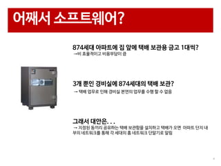 어째서 소프트웨어?
874세대 아파트에 집 앞에 택배 보관용 금고 1대씩?
→비 효율적이고 비용부담이 큼

3개 뿐인 경비실에 874세대의 택배 보관?
→ 택배 업무로 인해 경비실 본연의 업무를 수행 할 수 없음

그래서 대안은. . .
→ 지정된 동끼리 공유하는 택배 보관함을 설치하고 택배가 오면 아파트 단지 내
부의 네트워크를 통해 각 세대의 홈 네트워크 단말기로 알림

4

 