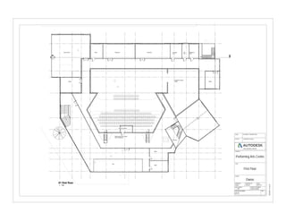 DN
DN
DN
DN
Dance studio Office Classroom Classroom Changing
room
CR,
WC
Rehearsal
room
Toilets
Dance
studio
Staircase
Office
Office
Void
Toilets
Sound & Lighting
Stairs going down to lower
level of auditorium
Workshop- double
height
3
A120
www.autodesk.com/revit
SCALE (@ A1)
CHECKED BY
TITLE
PROJECT NUMBER
CLIENT
PROJECT
DRAWING NUMBER REV
DRAWN BY DATE
STATUS PURPOSE OF ISSUE
CODE SUITABILITY DESCRIPTION
1 : 100
30/04/201512:34:28
First Floor
Project Number
Performing Arts Centre
Owner
Checker
A115
Author 04/27/151 : 100
01 first floor
 