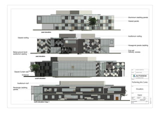 www.autodesk.com/revit
SCALE (@ A1)
CHECKED BY
TITLE
PROJECT NUMBER
CLIENT
PROJECT
DRAWING NUMBER REV
DRAWN BY DATE
STATUS PURPOSE OF ISSUE
CODE SUITABILITY DESCRIPTION
30/04/201512:17:01
Elevations
Project Number
Performing Arts Centre
Owner
Checker
A110
Author 04/27/15
east elevation
north elevation Copy 1
south elevation
west elevation
Aluminium cladding panels
Glazed panels
Auditorium roofing
Hexagonal panels cladding
Fire exit
Glazed roofing
Below ground level
auditorium seating
Glazed Curtain wall
Entrance
Delivery access
Rectangle cladding
panels
Auditorium roof
 