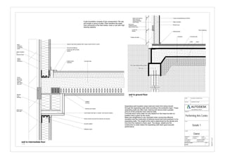 Concrete slab
DPM Sand
Hardcore
Pile Cap
Skirting board
Pile head waterproofing solution
Block work fixed to
steel structure
using proprietary
steel fixings
Aluminium
cladding panels
fixed to block work
Cavity fire
Barrier
Rigid Insulation
Mineral wool
5
Treated sill plate
Floor sheathing
2 layer sof plasterboard at 25mm
Small Gap with acoustic
sealant
Platform floor
treatment
Shallow
decking
Mineral wool inserts
Joints sealed with tape or caulked with acoustic sealant
Dense mineral wool and fire protection as required
Acoustic sealant
Deflection head
Steel frame
inner leaf
Mineral
wool
packing
Cavity
barrier to
floor /wall
junction
with cavity
tray over
Cavity
(50mm
minimum)
Rigid
insulation
in external
cavity
Rigid insulation
in
external cavity
Gypsum wall board painted with a vapour barrier primer or paint
Structural sheathing
Concrete slab
www.autodesk.com/revit
SCALE (@ A1)
CHECKED BY
TITLE
PROJECT NUMBER
CLIENT
PROJECT
DRAWING NUMBER REV
DRAWN BY DATE
STATUS PURPOSE OF ISSUE
CODE SUITABILITY DESCRIPTION
As indicated
30/04/201512:16:27
Details 1
Project Number
Performing Arts Centre
Owner
Checker
A109
Author 04/27/15
1 : 10
wall to ground floor
1 : 5
wall to intermediate floor
Separating wall insulation stops heat and noise from being moved
through the separating walls while providing a fire protection layer. These
separating walls are often load- bearing and hence entail a greater
amount of fire protection than internal walls.
Concrete block cavity walls not only depend on the mass but also on
isolation that is given by the cavity.
Mass and airtightness is very important when concerning effective
insulation and the conduction of airborne sound and how practical it is for
separating walls. The weight of the wall is determined by the density and
how thick the material is that’s used. The design, details and the
construction is what makes the separating wall reach good acoustic
performance
A pile foundation consists of two components: Pile cap
and single or group of piles. Piles transfers the loads
from structures to the hard strata, rocks or soil with high
bearing capacity.
 