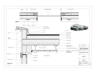 DPM Aluminium cladding panelsRigid
Insulation
Cavity BarrierBlock work
Cavity
Closer
Aluminium cladding panelsMetal window frame
Support bracket
Brickwork
Cavity
(50mm
minimum)
Cavity fire barrier
Mineral wool packing
Steel frame inner leaf
Deflection head
Dense mineral wool
Joints sealed with tape or caulked with acoustic sealant
Acoustic sealant
Profiled metal deck
Vapour control layer
Rockwool insulation
Carrier membrane
Waterproof membrane
Top coat
Gant
Sloped metal coping cap
wood nailer with anchor bolts
Flashing
Approved fastners
Perimeter channel
Pressed steel ceiling sections
Slotted bolt fixing to provide leveling adjustment
Sloted bolt fixing to provide
leveling adjustment
Angle cleats
25mm wide mild steel hangers
1 or 2 layers
of thick plasterboard
screwed to ceiling sections
www.autodesk.com/revit
SCALE (@ A1)
CHECKED BY
TITLE
PROJECT NUMBER
CLIENT
PROJECT
DRAWING NUMBER REV
DRAWN BY DATE
STATUS PURPOSE OF ISSUE
CODE SUITABILITY DESCRIPTION
As indicated
30/04/201512:25:23
Details 2
Project Number
Performing Arts Centre
Owner
Checker
A112
Author 04/27/15
1 : 5
window
1 : 5
wall to roof
 