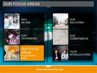 www.neuroservice.com
OUR FOCUS AREAS
OUR
SOLUTIONS
OUR
COMMITMENTS
YOUR
INTERLOCUTORS
WHO
WE ARE
OUR
TECHNIQUES
OUR FOCUS
AREAS
Drug Discovery
Safety
 