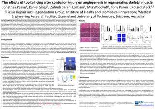 The effects of topical icing after contusion injury on angiogenesis in regenerating skeletal muscle
Jonathan Peake1, Daniel Singh1, Zohreh Barani Lonbani1, Mia Woodruff1, Tony Parker1, Roland Steck1,2
1Tissue Repair and Regeneration Group; Institute of Health and Biomedical Innovation; 2Medical
Engineering Research Facility; Queensland University of Technology, Brisbane, Australia
ABSTRACT (Program no. 862.5) We investigated the effects of topical icing after muscle contusion injury on angiogenesis in regenerating skeletal muscle. Male Wistar rats
were subjected to contusion injury by dropping a cylindrical-shaped weight (370 g) on the biceps femoris muscle of one leg. Within 5 min after injury, a block of ice
(contained within a paper cup) was applied to the skin surrounding the muscle for 20 min. Control groups received no ice treatment. The rats were euthanized at 1, 3, 7
and 28 days post-injury (n=24 per time point). In 12 rats in each group, a punch biopsy (diameter: 8 mm) was taken from the region of injury and fixed in 10% neutral
buffered formalin. Tissue sections (5 m) were then mounted on glass slides for immunohistochemical analysis of CD68+ macrophages, vascular endothelial growth factor
(VEGF) and von Willebrand’s factor (vWF). After euthanasia, the others rats in each group were flushed with heparinised saline, and then perfused with a radio-opaque
contrast agent using an infusion pump. Muscle biopsies were also collected from these rats, and analyzed to determine blood vessel volume and number using high
resolution micro computed tomography (CT). Macrophage numbers were lower at all time points, VEGF expression was lower at 3 days, while vWF expression was at 3
and 7 days post-injury in the icing group versus the non-icing group (p<0.05). By contrast, VEGF expression was higher at 28 days post-injury in the icing group versus the
non-icing group (p<0.05). Muscle fibre cross-sectional area was not significantly different between the groups at 7 or 28 days post-injury. The proportion of regenerating
muscle fibres was also not significantly different between the groups at 7 days post-injury, whereas it was higher at 28 days in the icing vs non-icing group (p<0.05).
Although the muscle vasculature could be visualised using micro CT, changes in vessel number and volume were variable, and there were no significant group differences.
In conclusion, topical icing suppressed inflammation and delayed angiogenesis in regenerating muscle. However, these responses did not affect muscle regeneration.
Background
Cryotherapy in the form of icing and immersion in ice baths has traditionally been used to treat soft tissue injuries. The rationale for using these treatments
centres around providing pain relief, reducing tissue metabolism, and altering vascular responses to minimise oedema. By reducing the metabolic rate of
tissues within and around the injury site, cryotherapy may protect the healthy bystander cells from the ischemic environment in the immediate period after
injury, thereby reducing the risk of secondary cell injury or death. Some experimental evidence exists to support this concept1,2. Other research has also
demonstrated that cryotherapy reduces leukocyte adhesion and rolling, neutrophil infiltration and activation, and production of reactive oxygen species in
muscle following injury3,4,5,6. However, another more recent study reported that topical icing of muscle after crush injury delayed macrophage infiltration,
attenuated the IGF-1 expression and satellite cell activity, caused greater fibrosis and impaired muscle growth7. Despite the importance of angiogenesis in
tissue regeneration, no research has investigated the effects of cryotherapy on angiogenesis following muscle injury. Therefore, the aim of this study was to
examine how cryotherapy affects angiogenesis in the days and weeks after muscle contusion injury.
Methods
• Eighty adult male Wistar rats were used for this study. They were divided into icing and non-icing groups
(n=40 per group).
• The rats were anaesthetised by isofluorane inhalation before they were placed on a device to induce muscle.
• A muscle contusion injury was induced using a custom-made rig (Figure 1).
• The right hindlimb was placed in an extended position on a platform in which a flat-bottomed, cylindrical
370-g weight was dropped from a height of 1.66 m. The left limb served as non-injured control.
• The weight was positioned specifically to impact the biceps femoris muscle to cause a substantial skeletal
muscle injury without perforating the skin or causing bone fracture.
• Five minutes after the contusion injury was induced, an ice block was applied to the skin surrounding the
injured muscle for 20 min. A 5-cm diameter cylindrical ice block, set in a paper cup, was massaged in a figure
8 motion on the injured area without compression. Icing was performed while the rats were anaesthetised.
• A 50-ml flat-bottomed beaker (maintained at room temperature) was used to massage the injured area of
the non-icing group, to simulate the application and pressure of the ice blocks.
• The rats were euthanised by CO2 asphyxiation at 1, 3, 7 and 28 days after injury. A sub-group of 32 rats was
flushed with heparinised saline, and then perfused with a radio-opaque contrast agent (Microfil, MV 122,
Flowtech, USA) using an infusion pump (Figure 3). After the contrast agent was perfused, the damaged and
non-injured control legs were removed.
• In all rats, an 8-mm muscle biopsy was taken from the region of interest in both the injured and control legs.
Muscle biopsies for 32 rats were analyzed to determine blood vessel volume and number using high
resolution micro computed tomography (CT). Muscle biopsies from the other 48 rats were fixed in 10%
Figure 1: Illustration and photo of
custom-made contusion injury device
Figure 2: Experimental procedure to
perfuse radio-opaque contrast agent
neutral buffered formalin for one day, dehydrated through a serial ethanol series, processed and then embedded in paraffin wax.
• The cylindrical biopsy samples were transversely orientated during embedding to ensure sections were cut from the region of interest. Transverse serial
sections 5-µm thick were cut using a microtome and mounted on poly-L-lysine adhesion glass slides. Sections between 50 µm and 250 µm below the biopsy
surface were used for analysis.
• Slides were stained with haematoxylin and eosin for qualitative histological analysis of muscle damage and regeneration, mouse monoclonal anti-CD68
(ED1) antibody (1:200 dilution; Abcam, Cambridge, USA) to identify macrophages, rabbit polyclonal anti-human von Willebrand’s factor (Ready-to-use;
DAKO, California, USA) to identify endothelial cells (capillaries) and rabbit polyclonal anti-human vascular endothelial growth factor A-20 (sc-152, 1:200;
Santa Cruz Biotechnology, Santa Cruz, USA).
• Colour was developed using 3,3-diaminobenzidine (DAB substrate kit; DAKO, California, USA) followed by counter stain with Mayer’s haematoxylin.
• Slides were viewed using light microscopy and images were captured using the Zeiss Axio Zen 2011 image analysis software. Using 40 magnification, 10
fields of view were captured and quantified for each sample. Image J software was used to quantify areas of positive staining.
• Cross-sectional area of muscle fibres was assessed by tracing the outline of X fibres, and using software to calculate the fibre area. Regenerating fibres were
identified as those fibres with centrally located nuclei and expressed as a proportion of the total number of fibres in X fields.
• Data were analysed using 2 factor repeated measures ANOVA and unpaired t tests
Results
• Extensive necrosis of muscle fibres was present 1 d post-injury in both the non-icing and icing groups (Figure 3C, D). At 3 d post-injury, the necrosis had
almost entirely been cleared in the non-icing group but several necrotic areas were still present within the icing group (Figure 3E, F). After 7 d, the necrosis
had been cleared in both non-icing and icing groups. A vast number of regenerating muscle fibres was present in the non-icing group (Figure 3G), whereas
only a few were present within the icing group (Figure 3H).
• Macrophage numbers were higher in the injured muscle compared with the non-injured muscle at all time points (Figure 4A). Macrophage numbers were
lower in the icing group vs the non-icing group after 1 and 3 days post-injury, while they were higher in the icing groups vs the non-icing groups after 7 and
28 days post-injury.
• The expression of VEGF (Figure 4B) and vWF (Figure 4B) was higher in the injured muscle compared with the non-injured muscle at all time points.
Compared with the non-icing groups, VEGF expression was lower after 3 days and higher after 28 days in the icing groups. Compared with the non-icing
groups, vWF expression was lower after 3 and 7 days in the icing groups.
• Muscle fibre cross-sectional area was not significantly different between the icing and non-icing groups at any time (Figure 4D), whereas the number of
regenerating muscle fibres was higher in the icing group after 28 days compared with the non-icing groups (Figure 4E)
• Micro computed tomography was effective for visualising the muscle vasculature. There were many more blood vessels in injured muscle 1 day after injury
compared with non-injured muscle (Figure 4F). The quantification vessel volume and vessel number was highly variable, and there were no significant
differences between the groups.
Figure 3: H&E staining of muscle tissue.
* indicates necrotic muscle fibres (no nuclei).
Arrows indicate regenerating muscle fibres).
Icing
Non-icing
Non-injured Injured
F
Figure 4: Macrophage infiltration (A), vascular endothelial growth factor expression (B), von Willebrand’s factor
expression (C), muscle fibre cross-sectional area (D), regenerating muscle fibres (E), micro-CT images of muscle
vasculature (F), vessel volume (G) and vessel number (H). Data are mean  SD for n=6 per group in Figures AE. Data
are median  interquartile range for n=4 in Figures G and H.* P < 0.05 vs non-injured control. # P < 0.05 vs non-icing.
Conclusions
Icing appeared to suppress and/or delay the infiltration of macrophages and angiogenesis within injured muscle. In addition to the delay in macrophage
infiltration and VEGF activation, these processes were seemingly also slow to return to normal in response to icing. The slow activation (and protracted
resolution) of inflammation and angiogenesis after icing may have interfered with myogenesis. The greater number of regenerating muscle fibres in the icing
group after 28 days does not necessarily indicate greater muscle repair. Instead, it could simply reflect a delay in the formation of new muscle fibres. These
findings highlight the importance of inflammation and angiogenesis in skeletal muscle regeneration after injury, and challenge the rationale for using icing to
treat soft tissue injuries.
Future research could collect more regular muscle samples between 3 and 7 days after injury. Macrophages are active in muscle during this period7, and
release key chemokines and growth factors that regulate muscle repair8,9,10. Future research could also investigate the effects of using icing at different times
other than immediately after muscle injury. Icing may cause different effects on muscle repair when it is applied after the acute inflammatory phase. Micro CT
imaging is effective for generating qualitative images of the muscle vasculature. However, the preparation for micro CT requires some expertise, and is time
consuming and expensive. The vasculature also varies greatly between animals, so preliminary work is needed to determine the sample size required to detect
significant differences over time and between treatments.
References
1. Merrick et al 1999. Med Sci Sports Exerc 31: 1516-21 5. Lee et al 2005. Med Sci Sports Exerc 37: 1093-8 9. Arnold et al 2007. J Exp Med 204: 1057-69
2. Merrick et al 2010. J Sport Rehabil 19: 380-8 6. Carvalho et al 2010. J Sports Sci 28: 923-35 10. Hammers et al 2015. J Appl Physiol (in press)
3. Schaser et al 2006. J Trauma 61: 642-9 7. Takagi et al 2011. J Appl Physiol 110: 382-8
4. Schaser et al 2007. Am J Sports Med 35: 93-102 8. Lu et al 2001. FASEB J 25: 358-69
Contact email: jonathan.peake@qut.edu.au
 