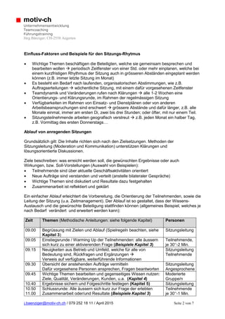 j.baenziger@motiv-ch.ch / 079 252 18 11 / April 2015 Seite 2 von 7
motiv-ch
Unternehmensentwicklung
Teamcoaching
Führungstraining
Jürg Bänziger; CH-2558 Aegerten
Einfluss-Faktoren und Beispiele für den Sitzungs-Rhytmus
 Wichtige Themen beschäftigen die Beteiligten, welche sie gemeinsam besprechen und
bearbeiten wollen  periodisch Zeitfenster von einer Std. oder mehr einplanen, welche bei
einem kurzfristigen Rhythmus der Sitzung auch in grösseren Abständen eingeplant werden
können (z.B. immer letzte Sitzung im Monat)
 Es besteht ein Bedarf nach laufenden, organisatorischen Abstimmungen, wie z.B.
Auftragserteilungen  wöchentliche Sitzung, mit einem dafür vorgesehenen Zeitfenster
 Teamdynamik und Veränderungen rufen nach Klärungen  alle 1-2 Wochen eine
Orientierungs- und Klärungsrunde, im Rahmen der regelmässigen Sitzung
 Verfügbarkeiten im Rahmen von Einsatz- und Dienstplänen oder von anderen
Arbeitsbeanspruchungen sind erschwert  grössere Abstände und dafür länger, z.B. alle
Monate einmal, immer am ersten Di, zwei bis drei Stunden; oder öfter, mit nur einem Teil.
 Sitzungsteilnehmende arbeiten geografisch verstreut  z.B. jeden Monat ein halber Tag,
z.B. Vormittag des ersten Donnerstags…
Ablauf von anregenden Sitzungen
Grundsätzlich gilt: Die Inhalte richten sich nach den Zielsetzungen. Methoden der
Sitzungsleitung (Moderation und Kommunikation) unterstützen Klärungen und
lösungsorientierte Diskussionen.
Ziele beschreiben: was erreicht werden soll, die gewünschten Ergebnisse oder auch
Wirkungen, bzw. Soll-Vorstellungen (Auswahl von Beispielen):
 Teilnehmende sind über aktuelle Geschäftsaktivitäten orientiert
 Neue Aufträge sind verstanden und verteilt (anstelle bilateraler Gespräche)
 Wichtige Themen sind diskutiert und Resultate dazu festgehalten
 Zusammenarbeit ist reflektiert und geklärt
Ein einfacher Ablauf erleichtert die Vorbereitung, die Orientierung der Teilnehmenden, sowie die
Leitung der Sitzung (u.a. Zeitmanagement). Der Ablauf ist so gestaltet, dass der Wissens-
Austausch und die gewünschte Beteiligung stattfinden können (allgemeines Beispiel, welches je
nach Bedarf verändert und erweitert werden kann):
Zeit Themen (Methodische Anleitungen: siehe folgende Kapitel) Personen
09.00 Begrüssung mit Zielen und Ablauf (Spielregeln beachten, siehe
Kapitel 3)
Sitzungsleitung
09.05 Einstiegsrunde / Warming Up der Teilnehmenden: alle äussern
sich kurz zu einer aktivierenden Frage (Beispiele Kapitel 3)
Teilnehmende,
je 30‘‘-2 Min.
09.15 Neuigkeiten aus Betrieb und Umfeld, welche für alle von
Bedeutung sind, Rückfragen und Ergänzungen 
Verweis auf verfügbare, weiterführende Informationen
Sitzungsleitung
Teilnehmende
09.30 Übersicht der anstehenden Aufträge vermitteln
Dafür vorgesehene Personen ansprechen, Fragen beantworten
Sitzungsleitung
Angesprochene
09.45 Wichtige Themen bearbeiten und gegenseitiges Wissen nutzen:
Ziele, Qualität, Veränderungen, Kunden, u.a. (Kapitel 4)
Moderierte
Gruppe/n
10.40 Ergebnisse sichern und Folgeschritte festlegen (Kapitel 5) Sitzungsleitung
10.50
11.00
Schlussrunde: Alle äussern sich kurz zur Frage der erlebten
Zusammenarbeit oder/und Resultate (Beispiele Kapitel 3)
Teilnehmende
je 30‘‘-1 Min.
 