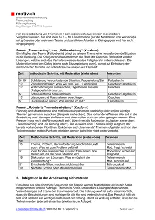 j.baenziger@motiv-ch.ch / 079 252 18 11 / April 2015 Seite 6 von 7
motiv-ch
Unternehmensentwicklung
Teamcoaching
Führungstraining
Jürg Bänziger; CH-2558 Aegerten
Für die Bearbeitung von Themen im Team eignen sich zwei einfach moderierbare
Vorgehensweisen. Sie sind ideal für 6 – 10 Teilnehmende (auf die Moderation von Workshops
mit grösseren oder mehreren Teams und parallelem Arbeiten in Kleingruppen wird hier nicht
eingegangen):
Format „Teamcoaching“, bzw. „Fallbearbeitung“ (Kurzform):
Ein Mitglied des Teams (Fallgeber/in) bringt zu seinem Thema eine herausfordernde Situation
in die Beratung. Die Kollegen/innen übernehmen die Rolle der Coaches. Reflektiert werden
Lösungen, welche auch das Verhaltensweisen der/des Fallgebers/in mit einschliessen. Die
Moderation leitet den Dialog (siehe auch Sitzungsleitung oben), achtet auf Einhaltung der
methodischen Schritte und schreibt Kernaussagen auf Flipchart:
Zeit Methodische Schritte, mit Moderation (siehe oben) Person/en
5‘-10‘ Schilderung herausfordernde Situation, Fragestellung/Ziel Fallgeber/in
10‘ Verständnisfragen: Was, wo, wer, wie…? Antworten Coaches/Fallgeber/in
10‘ Wahrnehmungen austauschen, Hypothesen äussern
(Fallgeber/in hört nur zu).
Coaches
5‘ Schlüsselthema herausschälen Coaches/Fallgeber/in
15‘ Lösungen und Massnahmen vorschlagen. Coaches
5‘ Rückmeldung geben: Was nehme ich mit? Fallgeber/in
Format „Moderierte Themenbearbeitung“ (Kurzform)
Führung und Mitarbeitende sind mit Entwicklungsthemen beschäftigt oder wollen wichtige
Themen gemeinsam anpacken (Beispiele siehe oben). Das vorhandene Wissen aller soll in die
Erarbeitung von Lösungen einfliessen und diese sollen auch von allen getragen werden. Eine
Person (muss nicht die Führungskraft sein) übernimmt die Moderation (Aufgaben siehe oben:
„Teamcoaching“ und „die Sitzung leiten“). Die Auswahl eines Themas erfolgt aufgrund der
bereits vorhandenen Prioritäten. Es können auch „brennende“ Themen aufgelistet und von den
Teilnehmenden mittels Punkten priorisiert werden (wird hier nicht weiter vertieft).
Zeit
ca.
Methodische Schritte, mit Moderation (siehe oben) Personen
15‘ Thema, Problem, Herausforderung beschreiben, evtl.
auch: Was hat zum Problem geführt?
Teilnehmende
Mod. fragt / schreibt
5‘ Ziele für den erwünschten Zustand formulieren: Wie
stellen wir uns die neue Situation vor?
Moderation achtet auf
Prägnanz
15‘ Diskussion von Lösungen: Was ermöglicht die
Zielerreichung?
Teilnehmende
Mod. schreibt auf
5‘ Entscheide fällen: machbar/nicht machbar Führungskraft
10‘ Nächste Schritte oder Massnahmenplan Teilnehmende/Mod.
5. Integration in den Arbeitsalltag sicherstellen
Resultate aus den einzelnen Sequenzen der Sitzung werden festgehalten und in den Alltag
mitgenommen: erteilte Aufträge, Themen in Arbeit, umsetzbare Lösungen/Massnahmen,
Vereinbarungen auf Ebene der Zusammenarbeit. Die Führungskraft ist dafür verantwortlich,
dass die Entscheidungen und Aufträge für alle klar und verbindlich sind. Das Protokoll hält sie
fest und ist damit ein wichtiges Instrument der Sitzung. Damit es Wirkung entfaltet, ist es für die
Teilnehmenden jederzeit einsehbar (elektronische Ablage).
 