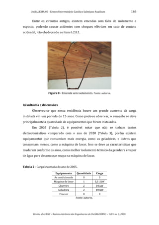 UniSALESIANO - Centro Universitário Católico Salesiano Auxilium 169
Revista eSALENG – Revista eletrônica das Engenharias do UniSALESIANO – Vol.9. no. 1, 2020.
Entre os circuitos antigos, existem emendas com falta de isolamento e
exposto, podendo causar acidentes com choques elétricos em caso de contato
acidental, não obedecendo ao item 6.2.8.1.
Figura 8 - Emenda sem isolamento. Fonte: autores.
Resultados e discussões
Observou-se que nessa residência houve um grande aumento da carga
instalada em um período de 15 anos. Como pode-se observar, o aumento se deve
principalmente a quantidade de equipamentos que foram instalados.
Em 2005 (Tabela 2), é possível notar que não se tinham tantos
eletrodomésticos comparado com o ano de 2020 (Tabela 3), porém existem
equipamentos que consumiam mais energia, como as geladeiras, e outros que
consumiam menos, como a máquina de lavar. Isso se deve as características que
mudaram conforme os anos, como melhor isolamento térmico da geladeira e vapor
de água para desamassar roupa na máquina de lavar.
Tabela 2 - Carga levantada do ano de 2005.
Equipamento Quantidade Carga
Ar condicionado 0 0
Máquina de lavar 1 0,31 KW
Chuveiro 2 10 kW
Geladeira 2 10 KW
Freezer 0 0
Fonte: autores.
 