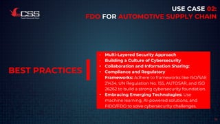 18
USE CASE 02:
FDO FOR AUTOMOTIVE SUPPLY CHAIN
• Multi-Layered Security Approach
• Building a Culture of Cybersecurity
• Collaboration and Information Sharing:
• Compliance and Regulatory
Frameworks: Adhere to frameworks like ISO/SAE
21434, UN Regulation No. 155, AUTOSAR, and ISO
26262 to build a strong cybersecurity foundation.
• Embracing Emerging Technologies: Use
machine learning, AI-powered solutions, and
FIDO/FDO to solve cybersecurity challenges.
BEST PRACTICES
 