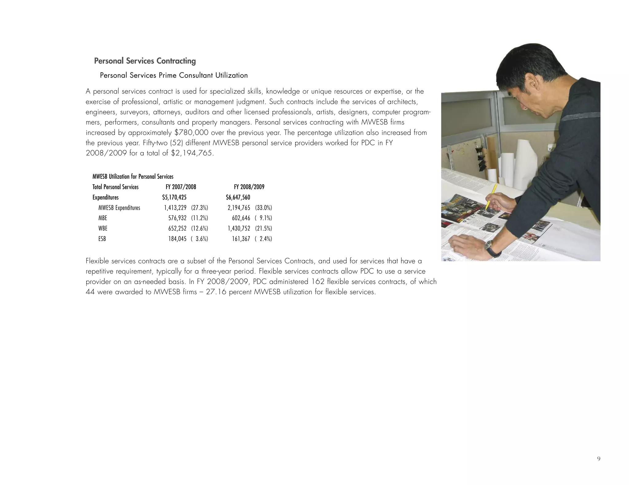 9
Personal Services Contracting
Personal Services Prime Consultant Utilization
A personal services contract is used for specialized skills, knowledge or unique resources or expertise, or the
exercise of professional, artistic or management judgment. Such contracts include the services of architects,
engineers, surveyors, attorneys, auditors and other licensed professionals, artists, designers, computer program-
mers, performers, consultants and property managers. Personal services contracting with MWESB firms
increased by approximately $780,000 over the previous year. The percentage utilization also increased from
the previous year. Fifty-two (52) different MWESB personal service providers worked for PDC in FY
2008/2009 for a total of $2,194,765.
MWESB Utilization for Personal Services
Total Personal Services FY 2007/2008 FY 2008/2009
Expenditures $5,170,425 $6,647,560
MWESB Expenditures 1,413,229 (27.3%) 2,194,765 (33.0%)
MBE 576,932 (11.2%) 602,646 ( 9.1%)
WBE 652,252 (12.6%) 1,430,752 (21.5%)
ESB 184,045 ( 3.6%) 161,367 ( 2.4%)
Flexible services contracts are a subset of the Personal Services Contracts, and used for services that have a
repetitive requirement, typically for a three-year period. Flexible services contracts allow PDC to use a service
provider on an as-needed basis. In FY 2008/2009, PDC administered 162 flexible services contracts, of which
44 were awarded to MWESB firms – 27.16 percent MWESB utilization for flexible services.
 