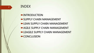 INDEX
INTRODUCTION
SUPPLY CHAIN MANAGEMENT
LEAN SUPPLY CHAIN MANAGEMENT
AGILE SUPPLY CHAIN MANAGEMENT
LEAGILE SUPPLY CHAIN MANAGEMENT
CONCLUSION
2
 