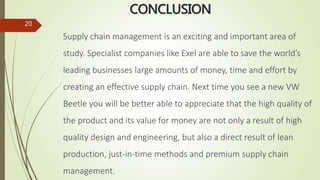 CONCLUSION
Supply chain management is an exciting and important area of
study. Specialist companies like Exel are able to save the world’s
leading businesses large amounts of money, time and effort by
creating an effective supply chain. Next time you see a new VW
Beetle you will be better able to appreciate that the high quality of
the product and its value for money are not only a result of high
quality design and engineering, but also a direct result of lean
production, just-in-time methods and premium supply chain
management.
20
 