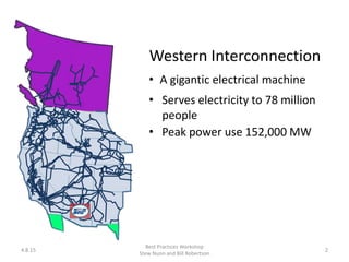 4.8.15
Best Practices Workshop
Stew Nunn and Bill Robertson
2
Western Interconnection
• A gigantic electrical machine
• Serves electricity to 78 million
people
• Peak power use 152,000 MW
 