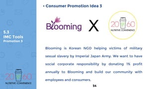 5.3
IMC Tools
Promotion 3
• Consumer Promotion Idea 3
X
Blooming is Korean NGO helping victims of military
sexual slavery by Imperial Japan Army. We want to have
social corporate responsibility by donating 1% profit
annually to Blooming and build our community with
employees and consumers.
54
 
