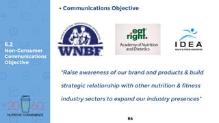 6.2
Non-Consumer
Communications
Objective
• Communications Objective
“Raise awareness of our brand and products & build
strategic relationship with other nutrition & fitness
industry sectors to expand our industry presences”
64
 