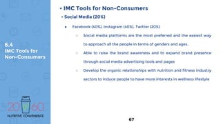 6.4
IMC Tools for
Non-Consumers
• IMC Tools for Non-Consumers
• Social Media (20%)
● Facebook (40%), Instagram (40%), Twitter (20%)
○ Social media platforms are the most preferred and the easiest way
to approach all the people in terms of genders and ages.
○ Able to raise the brand awareness and to expand brand presence
through social media advertising tools and pages
○ Develop the organic relationships with nutrition and fitness industry
sectors to induce people to have more interests in wellness lifestyle
67
 