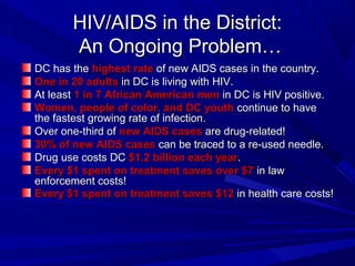 HIV/AIDS in the District:HIV/AIDS in the District:
An Ongoing Problem…An Ongoing Problem…
DC has theDC has the highest ratehighest rate of new AIDS cases in the country.of new AIDS cases in the country.
One in 20 adultsOne in 20 adults in DC is living with HIV.in DC is living with HIV.
At leastAt least 1 in 7 African American men1 in 7 African American men in DC is HIV positive.in DC is HIV positive.
Women, people of color, and DC youthWomen, people of color, and DC youth continue to havecontinue to have
the fastest growing rate of infection.the fastest growing rate of infection.
Over one-third ofOver one-third of new AIDS casesnew AIDS cases are drug-related!are drug-related!
30% of new AIDS cases30% of new AIDS cases can be traced to a re-used needle.can be traced to a re-used needle.
Drug use costs DCDrug use costs DC $1.2 billion each year$1.2 billion each year..
Every $1 spent on treatment saves over $7Every $1 spent on treatment saves over $7 in lawin law
enforcement costs!enforcement costs!
Every $1 spent on treatment saves $12Every $1 spent on treatment saves $12 in health care costs!in health care costs!
 