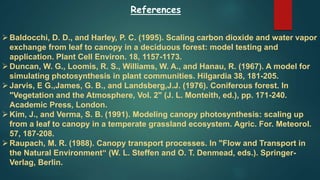 References
Baldocchi, D. D., and Harley, P. C. (1995). Scaling carbon dioxide and water vapor
exchange from leaf to canopy in a deciduous forest: model testing and
application. Plant Cell Environ. 18, 1157-1173.
Duncan, W. G., Loomis, R. S., Williams, W. A., and Hanau, R. (1967). A model for
simulating photosynthesis in plant communities. Hilgardia 38, 181-205.
Jarvis, E G.,James, G. B., and Landsberg,J.J. (1976). Coniferous forest. In
"Vegetation and the Atmosphere, Vol. 2" (J. L. Monteith, ed.), pp. 171-240.
Academic Press, London.
Kim, J., and Verma, S. B. (1991). Modeling canopy photosynthesis: scaling up
from a leaf to canopy in a temperate grassland ecosystem. Agric. For. Meteorol.
57, 187-208.
Raupach, M. R. (1988). Canopy transport processes. In "Flow and Transport in
the Natural Environment“ (W. L. Steffen and O. T. Denmead, eds.). Springer-
Verlag, Berlin.
 