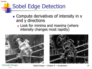 Verilog
Digital Design — Chapter 9 — Accelerators 15
Sobel Edge Detection
 Compute derivatives of intensity in x
and y directions
 Look for minima and maxima (where
intensity changes most rapidly)
 