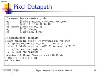 Verilog
Digital Design — Chapter 9 — Accelerators 27
Pixel Datapath
// Computation datapath signals
reg [31:0] prev_row, curr_row, next_row;
reg [7:0] O [-1:+1][-1:+1];
reg signed [10:0] Dx, Dy, D;
reg [7:0] abs_D;
reg [31:0] result_row;
...
// Computational datapath
always @(posedge clk_i) // Previous row register
if (prev_row_load) prev_row <= dat_i;
else if (shift_en) prev_row[31:8] <= prev_row[23:0];
... // Current row register
... // Next row register
function [10:0] abs (input signed [10:0] x);
abs = x >= 0 ? x : -x;
endfunction
...
 