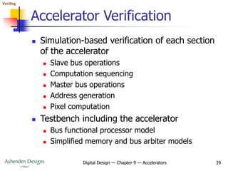 Verilog
Digital Design — Chapter 9 — Accelerators 39
Accelerator Verification
 Simulation-based verification of each section
of the accelerator
 Slave bus operations
 Computation sequencing
 Master bus operations
 Address generation
 Pixel computation
 Testbench including the accelerator
 Bus functional processor model
 Simplified memory and bus arbiter models
 