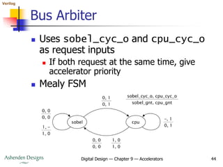 Verilog
Digital Design — Chapter 9 — Accelerators 44
Bus Arbiter
 Uses sobel_cyc_o and cpu_cyc_o
as request inputs
 If both request at the same time, give
accelerator priority
 Mealy FSM
 