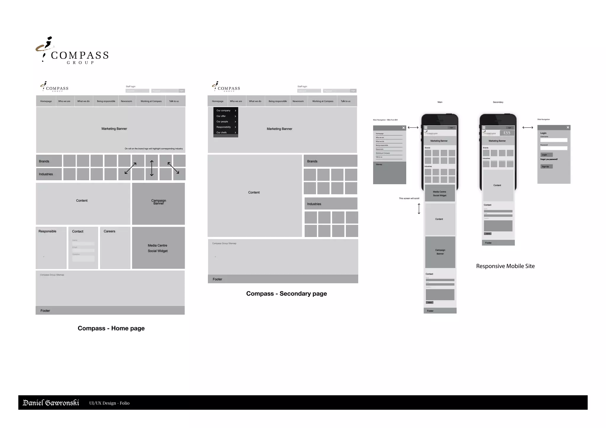 Responsible Contact Careers
Campaign
Banner
Content
Media Centre
Social Widget
Name
Facilities
Management
Security
Email
Question
Compass Group Sitemap
Healthcare Education
Sports &
Leisure
Business &
Industry
Remote &
Defence Healthcare
Business &
Industry
Remote &
Defence
Business &
Industry
Remote &
Defence
Business &
Industry
Remote &
Defence
Facilities
Management
SecurityHealthcare Education
Sports &
Leisure
Business &
Industry
Remote &
Defence
Business &
Industry
Remote &
Defence Healthcare
Business &
Industry
Remote &
Defence
Business &
Industry
Remote &
Defence
Business &
Industry
Remote &
Defence
o
Brands
Industries
Footer
Content
Facilities
Management
Security
Compass Group Sitemap
Healthcare Education
Sports &
Leisure
Business &
Industry
Remote &
Defence Healthcare
Business &
Industry
Remote &
Defence
Business &
Industry
Remote &
Defence
Business &
Industry
Remote &
Defence
o
Brands
Facilities
Management
SecurityHealthcare Education
Sports &
Leisure
Business &
Industry
Remote &
Defence Healthcare
Business &
Industry
Remote &
Defence
Business &
Industry
Remote &
Defence
Business &
Industry
Remote &
Defence
Industries
Marketing Banner
Footer
Staff login
Username Password login
Our company
Our offer
Our people
Responsibility
Our chefs
Staff login
Username Password login
On roll on the brand logo will highlight corresponding industry
Marketing Banner
Login
Slide Navigation
This screen will scroll
Username
Password
Login
Sign Up
Login
Marketing Banner
Brands
Sitemap
Industries
Content
Campaign
Banner
Footer
Contact
Name
Email
Question
Submit
Main
Login
Marketing Banner
Brands
Industries
Content
Footer
Contact
Name
Email
Question
Submit
Secondary
Media Centre
Social Widget
Compass - Home page
Compass - Secondary page
Responsive Mobile Site
Daniel Gawronski UI/UX Design - Folio
 
