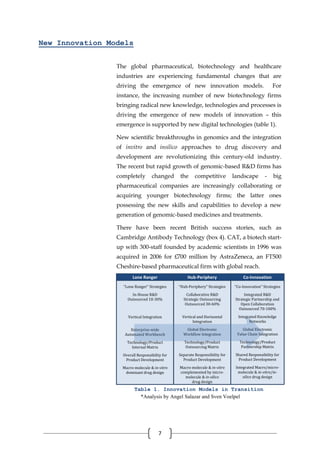 7
New Innovation Models
The global pharmaceutical, biotechnology and healthcare
industries are experiencing fundamental changes that are
driving the emergence of new innovation models. For
instance, the increasing number of new biotechnology firms
bringing radical new knowledge, technologies and processes is
driving the emergence of new models of innovation – this
emergence is supported by new digital technologies (table 1).
New scientific breakthroughs in genomics and the integration
of invitro and insilico approaches to drug discovery and
development are revolutionizing this century-old industry.
The recent but rapid growth of genomic-based R&D firms has
completely changed the competitive landscape - big
pharmaceutical companies are increasingly collaborating or
acquiring younger biotechnology firms; the latter ones
possessing the new skills and capabilities to develop a new
generation of genomic-based medicines and treatments.
There have been recent British success stories, such as
Cambridge Antibody Technology (box 4). CAT, a biotech start-
up with 300-staff founded by academic scientists in 1996 was
acquired in 2006 for £700 million by AstraZeneca, an FT500
Cheshire-based pharmaceutical firm with global reach.
Lone Ranger Hub-Periphery Co-Innovation
“Lone Ranger” Strategies
In-House R&D
Outsourced 10-30%
Vertical Integration
Enterprise-wide
Automated Workbench
Technology/Product
Internal Matrix
Overall Responsibility for
Product Development
Macro-molecule & in-vitro
dominant drug design
“Hub-Periphery” Strategies
Collaborative R&D
Strategic Outsourcing
Outsourced 30-60%
Vertical and Horizontal
Integration
Global Electronic
Workflow Integration
Technology/Product
Outsourcing Matrix
Separate Responsibility for
Product Development
Macro-molecule & in-vitro
complemented by micro-
molecule & in-silico
drug design
“Co-Innovation” Strategies
Integrated R&D
Strategic Partnership and
Open Collaboration
Outsourced 70-100%
Integrated Knowledge
Networks
Global Electronic
Value Chain Integration
Technology/Product
Partnership Matrix
Shared Responsibility for
Product Development
Integrated Macro/micro-
molecule & in-vitro/in-
silico drug design
Table 1. Innovation Models in Transition
*Analysis by Angel Salazar and Sven Voelpel
 