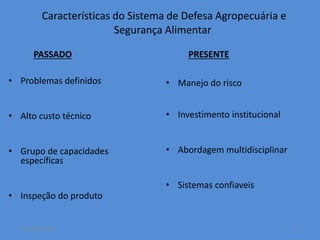 Características do Sistema de Defesa Agropecuária e 
PASSADO 
• Problemas definidos 
• Alto custo técnico 
• Grupo de capacidades 
específicas 
• Inspeção do produto 
Segurança Alimentar 
PRESENTE 
• Manejo do risco 
• Investimento institucional 
• Abordagem multidisciplinar 
• Sistemas confiaveis 
14 October 2014 12 
 
