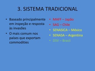 3. SISTEMA TRADICIONAL 
• Baseado principalmente 
em inspeção e resposta 
às invasões 
• O mais comum nos 
países que exportam 
commodities 
• MAFF – Japão 
• SAG – Chile 
• SENASICA – México 
• SENASA – Argentina 
• DSV – Brasil 
 