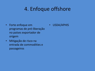 4. Enfoque offshore 
• Forte enfoque em 
programas de pré-liberação 
no países exportador de 
origem 
• Mitigação de risco na 
entrada de commodities e 
passageiros 
• USDA/APHIS 
 