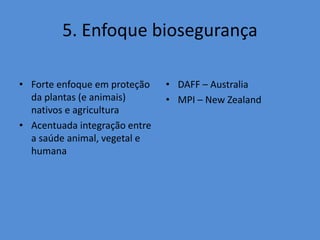 5. Enfoque biosegurança 
• Forte enfoque em proteção 
da plantas (e animais) 
nativos e agricultura 
• Acentuada integração entre 
a saúde animal, vegetal e 
humana 
• DAFF – Australia 
• MPI – New Zealand 
 