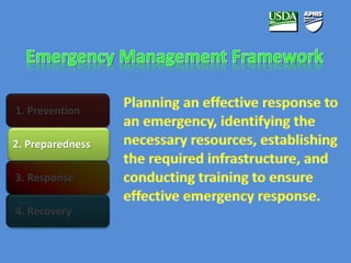1. Prevention 
2. Preparedness 
3. Response 
4. Recovery 
 