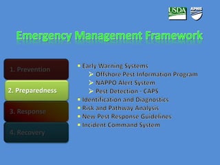 1. Prevention 
2. Preparedness 
3. Response 
4. Recovery 
 