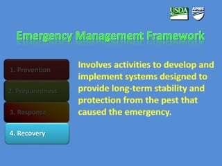 1. Prevention 
2. Preparedness 
3. Response 
4. Recovery 
 