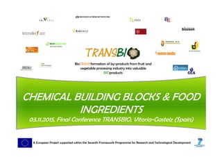 BioTRANSformation of by-products from fruit and
vegetable processing industry into valuable
BIOproducts
A European Project supported within the Seventh Framework Programme for Research and Technological Development
CHEMICAL BUILDING BLOCKS & FOOD
INGREDIENTS
03.11.2015, Final Conference TRANSBIO, Vitoria-Gasteiz (Spain)
 