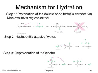 Mechanism for Hydration
      Step 1: Protonation of the double bond forms a carbocation
      Markovnikov’s regioselective.




   Step 2: Nucleophilic attack of water.



  Step 3: Deprotonation of the alcohol.




© 2013 Pearson Education, Inc.   Chapter 8                    10
 