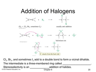 Addition of Halogens




  Cl2, Br2, and sometimes I2 add to a double bond to form a vicinal dihalide.
  The intermediate is a three-membered ring called ___________________.
  Stereoselectivity is an _____________addition of halides.
© 2013 Pearson Education, Inc.           Chapter 8                        20
 