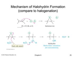 Mechanism of Halohydrin Formation
                      (compare to halogenation)




© 2013 Pearson Education, Inc.   Chapter 8            25
 